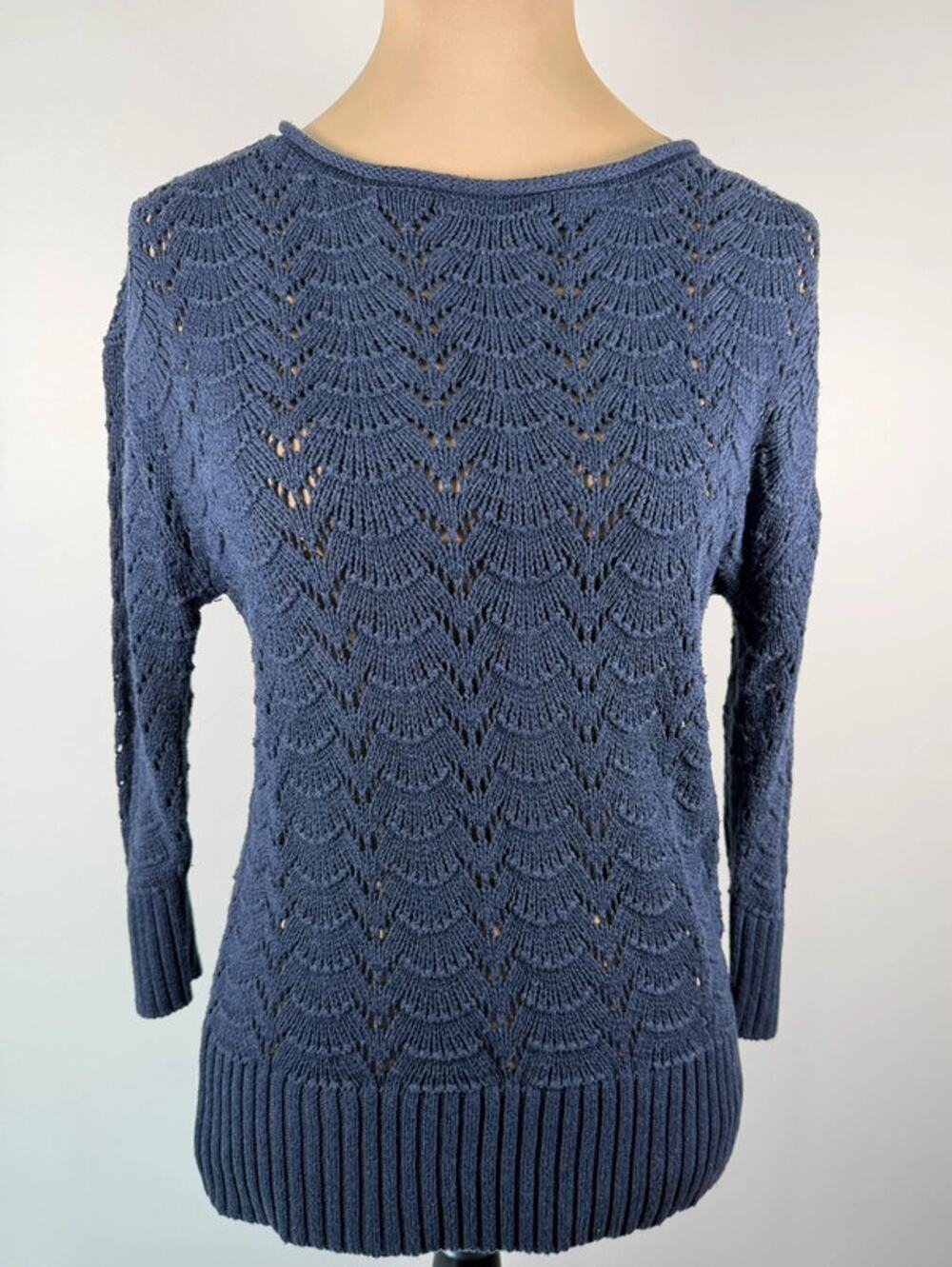 Sonoma Womens Pointelle Knit Sweater M Blue Scallop Lace 3/4 Sleeve Cotton